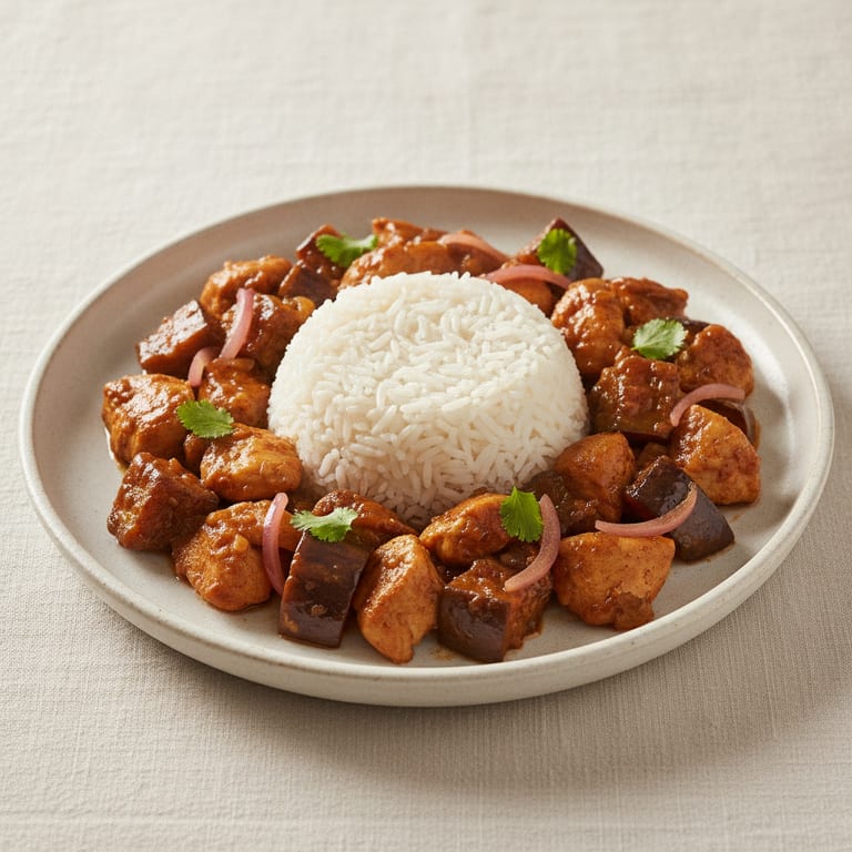 Fricassée de poulet et d'aubergines sucré salé