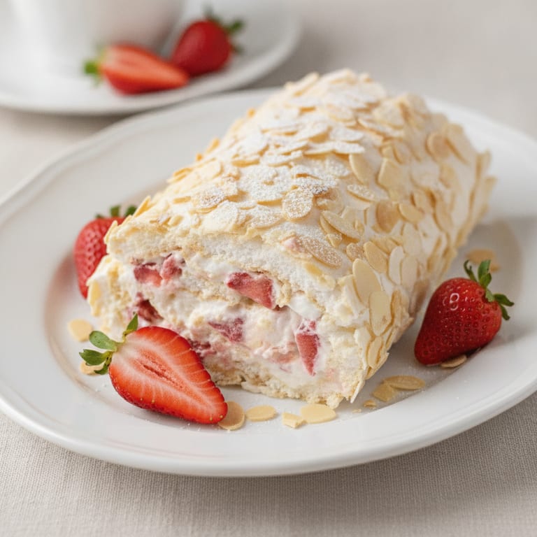 Meringue roulée aux fraises et aux amandes