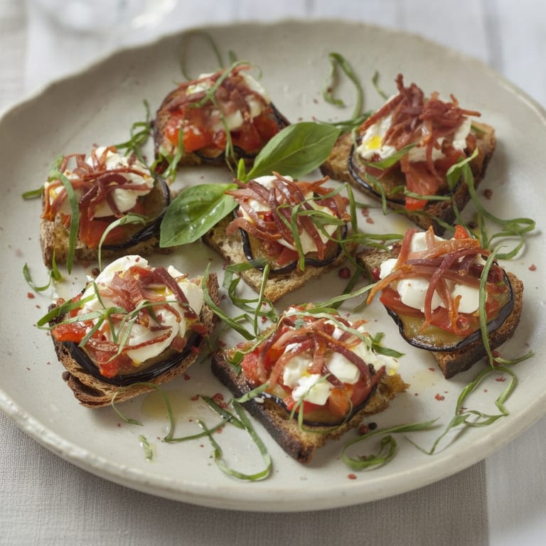 Tomato, eggplant, and goat cheese bruschetta
