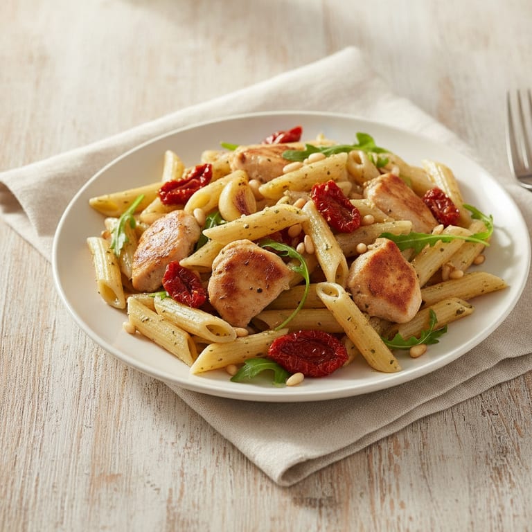 Pennes au poulet, tomates séchées et pignons