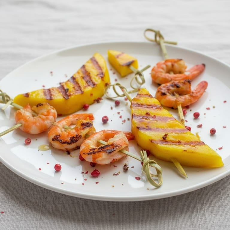 Brochettes aux crevettes et mangue au miel