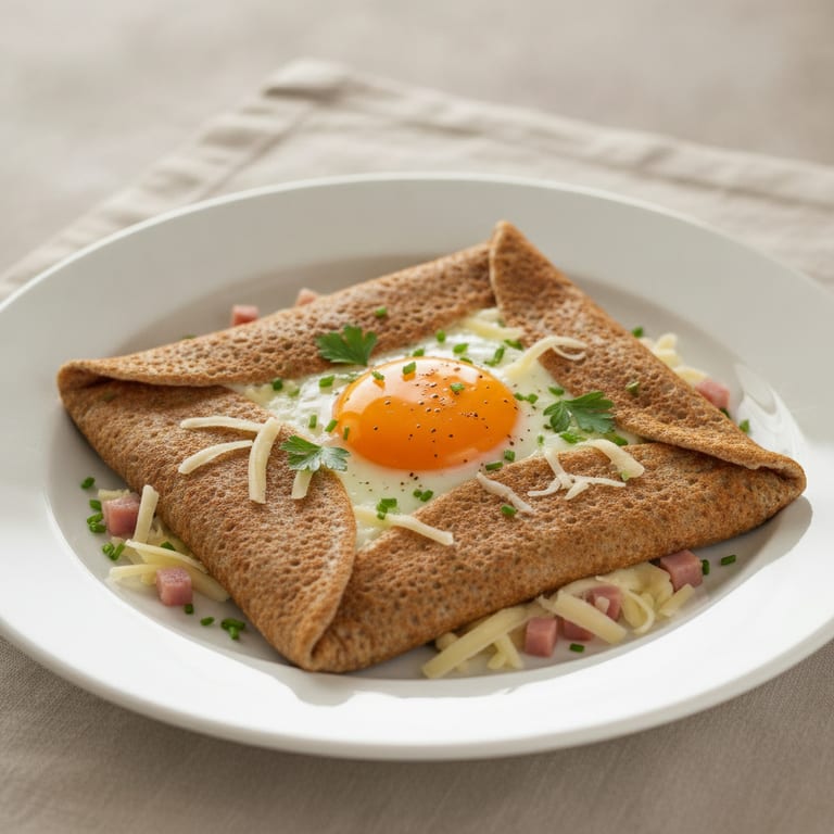 Crêpes au Sarrasin farcies à l'oeuf, fromage et jambon