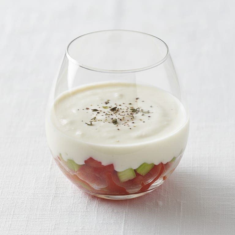 Verrine tomate-concombre coiffée d'une mousse de feta