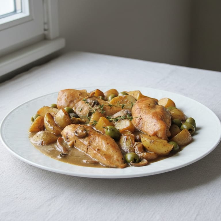 Poulet au vin blanc et aux olives
