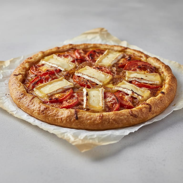 Onion and goat cheese tart on a bed of tomatoes