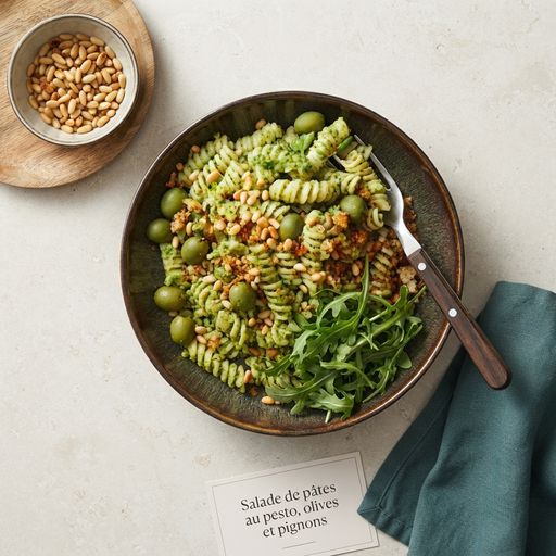 Salade de pâtes au pesto, olives et pignons
