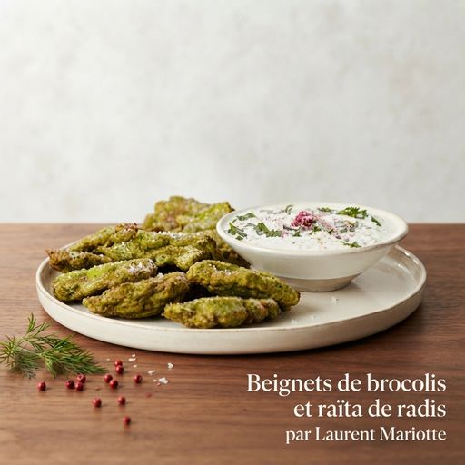 Broccoli fritters with radish raita by Laurent Mariotte