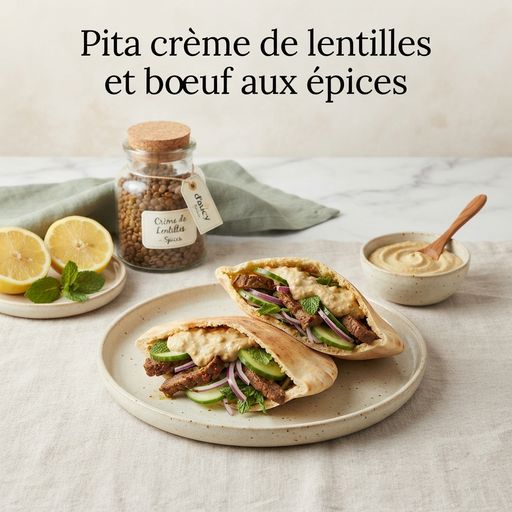 Pita with lentil cream and spiced beef
