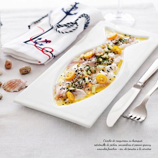 Mackerel ceviche with kumquat, peach, cucumber and Granny Smith apple ratatouille - fresh almonds - verbena tomato water