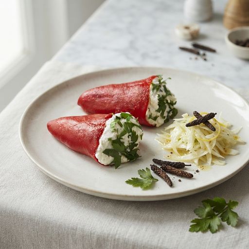 Piquillos stuffed with grilled mackerel rillettes and sheep's milk brousse with herbs, crispy fennel salad with lemon and Javanese long pepper