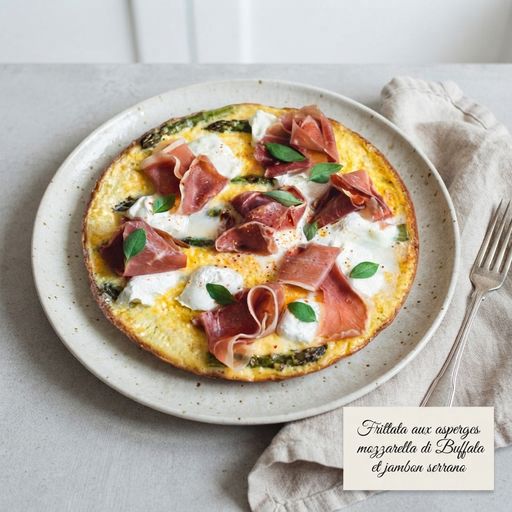 Green asparagus, buffalo mozzarella, and Serrano ham frittata