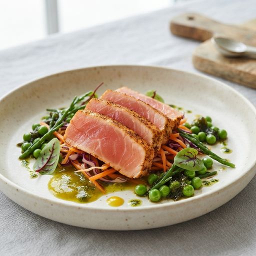 Tandoori Salmon Tataki, mango ponzu coulis, peas with seaweed butter and samphire