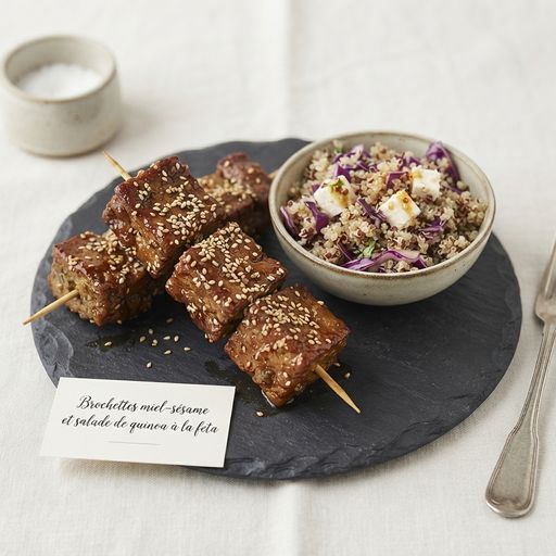 Honey-sesame skewers with feta quinoa salad