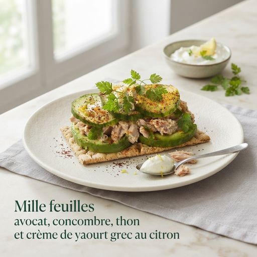 Avocado, cucumber, tuna, and Greek yogurt lemon cream mille-feuille