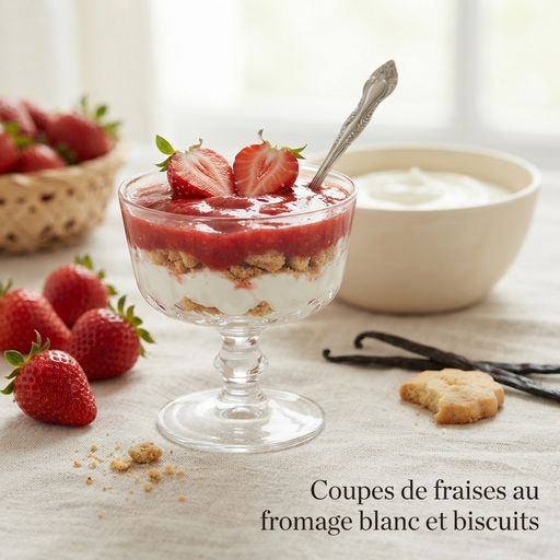 Strawberry bowls with fromage blanc and biscuits