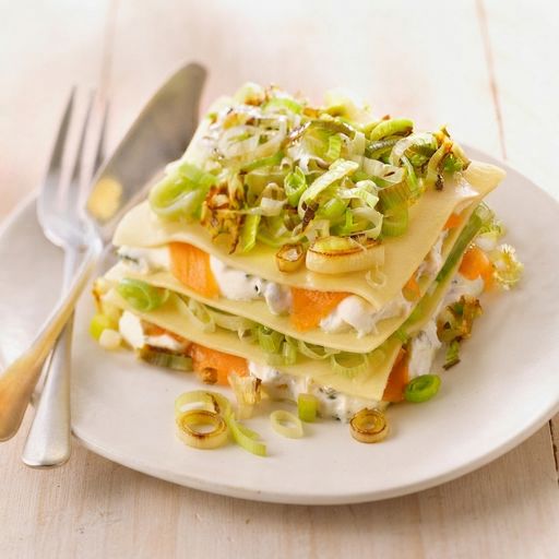 Leek, smoked salmon and cream cheese lasagna