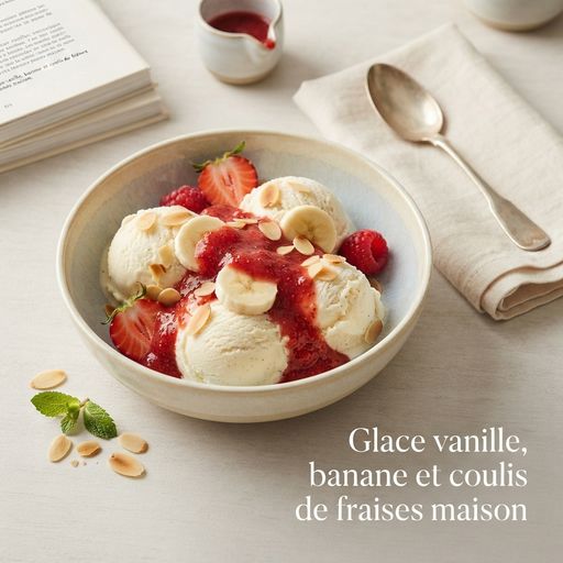 Vanilla ice cream, banana and homemade strawberry coulis