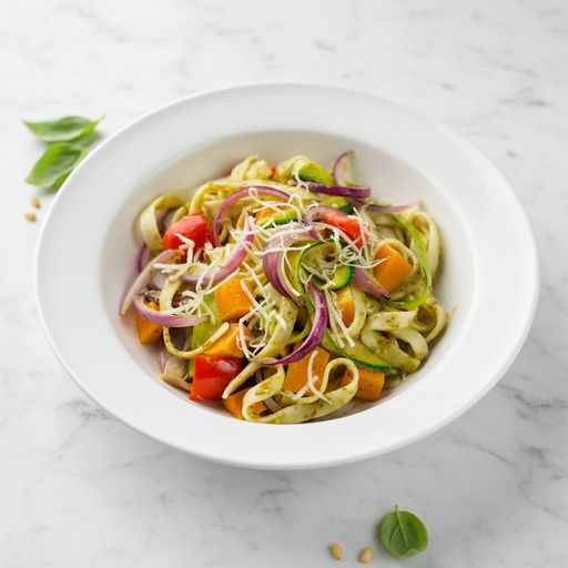 Tagliatelles au pesto, poivrons et courge