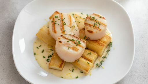 Grilled scallops with roasted parsnips by Laurent Mariotte