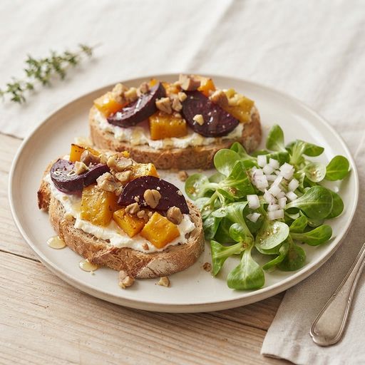 Honey-roasted vegetable tartines with chestnut bits