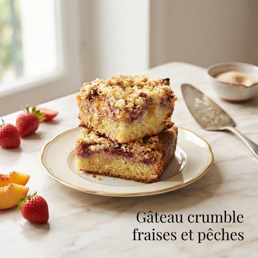 Gâteau crumble fraises et pêches