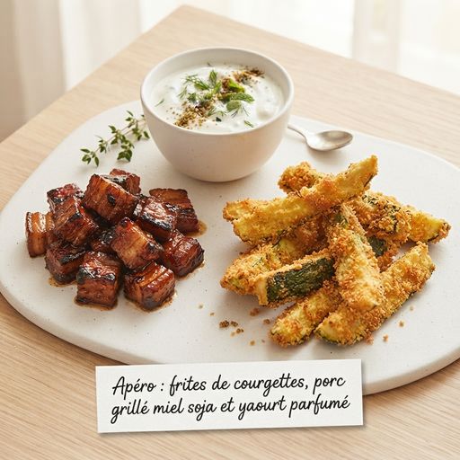 Appetizer: Zucchini fries, honey-soy grilled pork and scented yogurt