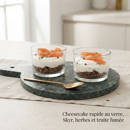 Quick Skyr cheesecake in a glass with herbs and smoked trout