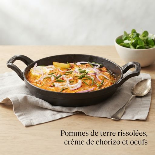 Pan-fried potatoes, chorizo cream and eggs