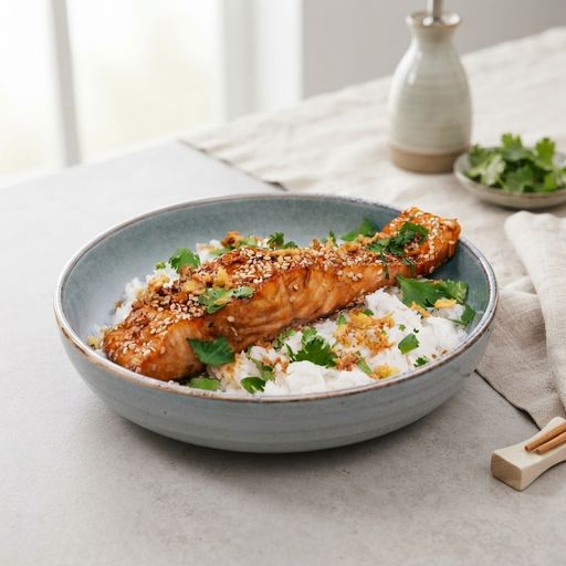 Fresh salmon, soy, sesame, honey and garlic marinade and rice