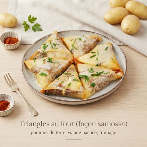 Baked triangles (samosa style) with potatoes, minced meat, cheese