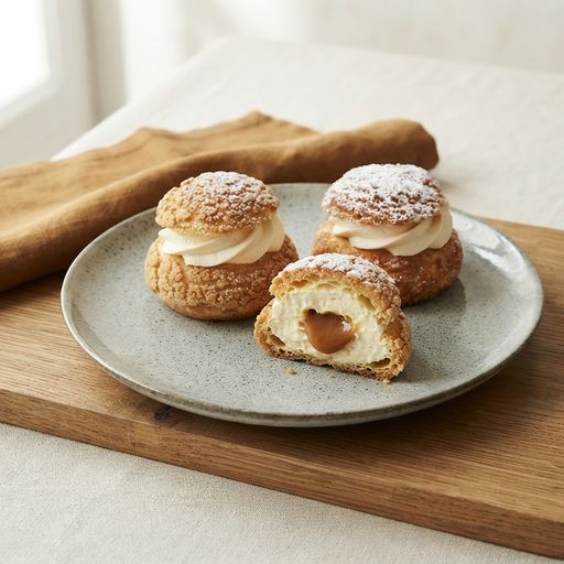 Choux avec craquelin, chantilly vanille insert caramel