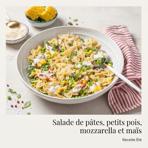 Salade de pâtes, petits pois, mozzarella et maïs