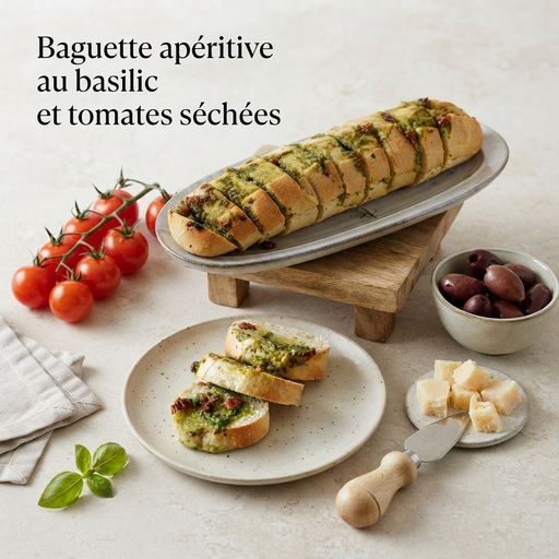 Basil and sun-dried tomato appetizer baguette