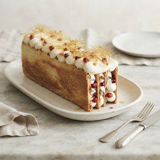 Mille-feuille Yule log, white and dark chocolate mousse with pomegranate