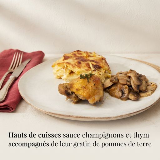 Chicken thighs with mushroom and thyme sauce served with potato gratin