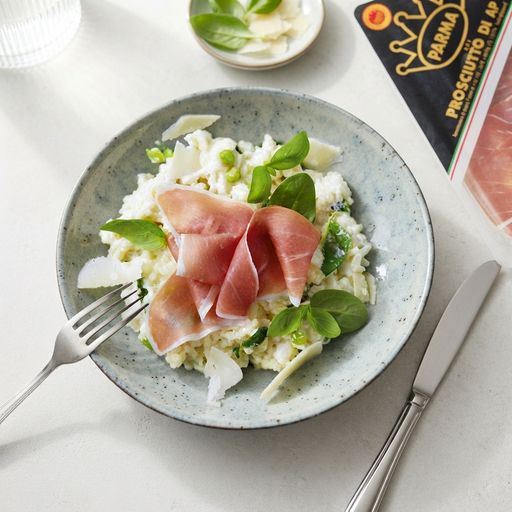Risotto with PDO Parma Ham, ricotta and baby spinach
