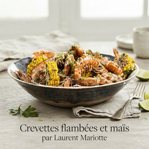 Flambéed shrimp and corn by Laurent Mariotte