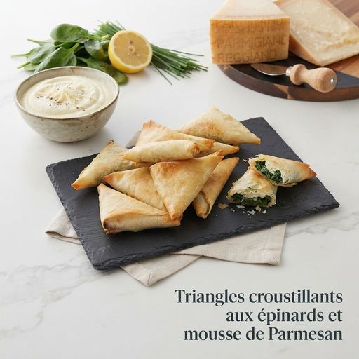 Crispy spinach triangles with Parmesan mousse