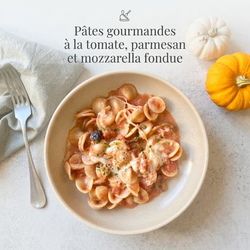 Pâtes gourmandes à la tomate, parmesan et mozzarella fondue