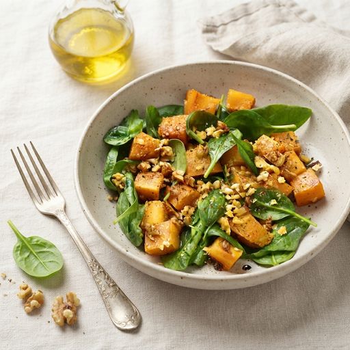 Roasted pumpkin salad with spinach and walnuts