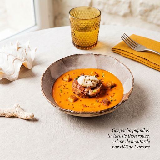 Piquillo Gazpacho, red tuna tartare, mustard cream by Hélène Darroze