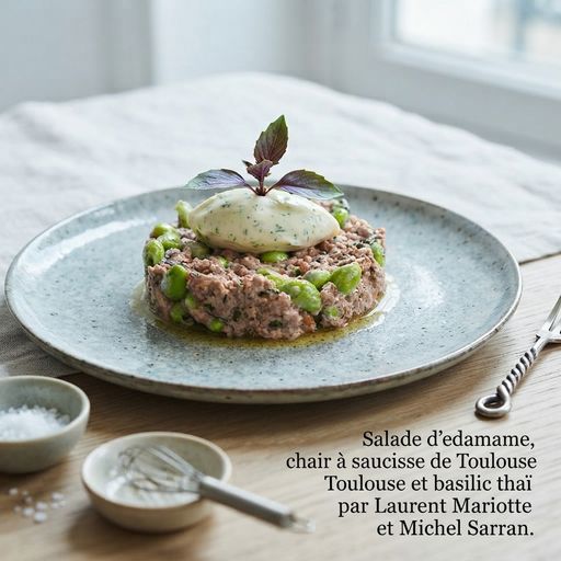 Edamame salad, Toulouse sausage meat and Thai basil by Laurent Mariotte and Michel Sarran