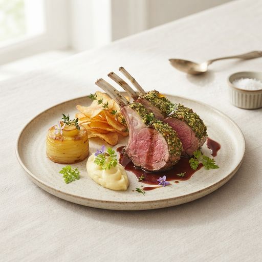 Herb-crusted rack of lamb with potatoes three ways