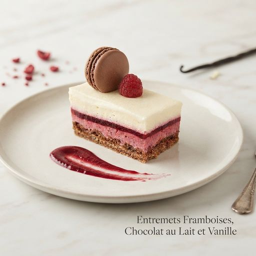 Entremets Framboises, Chocolat au Lait et Vanille