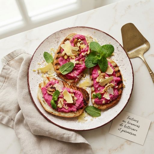Beetroot hummus and parmesan tartines