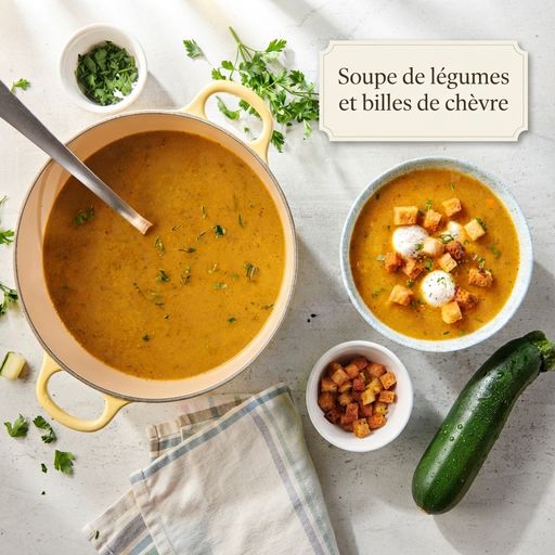 Vegetable soup with goat cheese balls