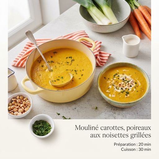Carrot and leek soup with toasted hazelnuts