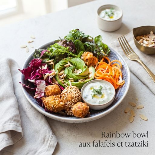 Rainbow bowl with falafel and tzatziki
