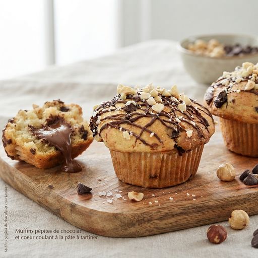 Chocolate chip muffins with a chocolate spread molten core