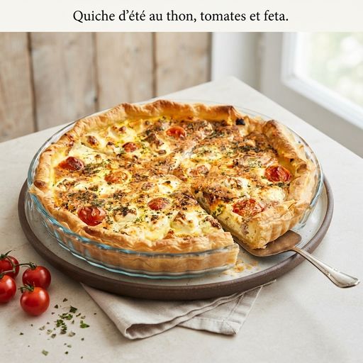 Summer tuna, tomato and feta quiche